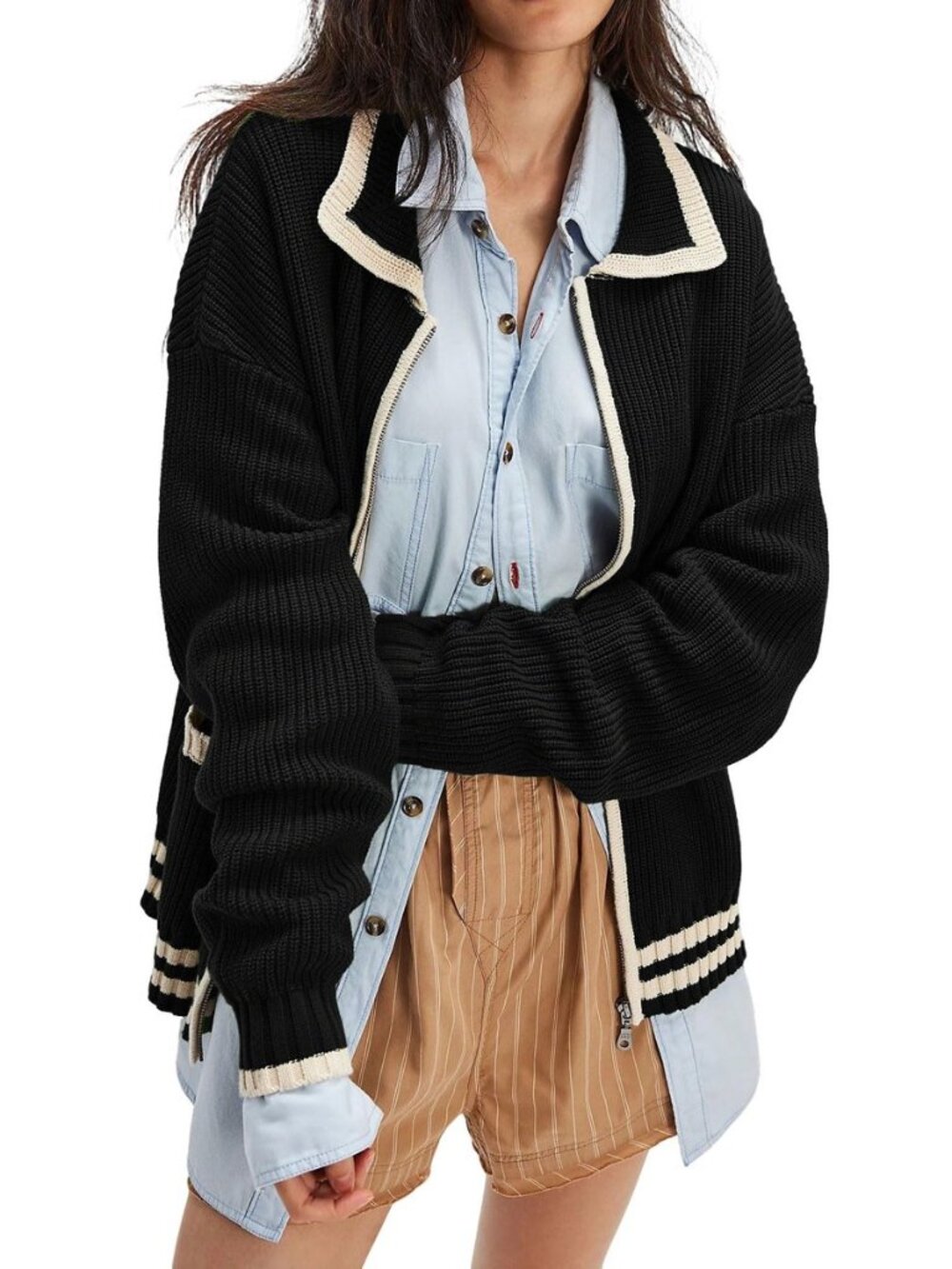 Casual Knit Zip Up Sweater for Women 2025 Fall Outfits Contrast Trim Open Front